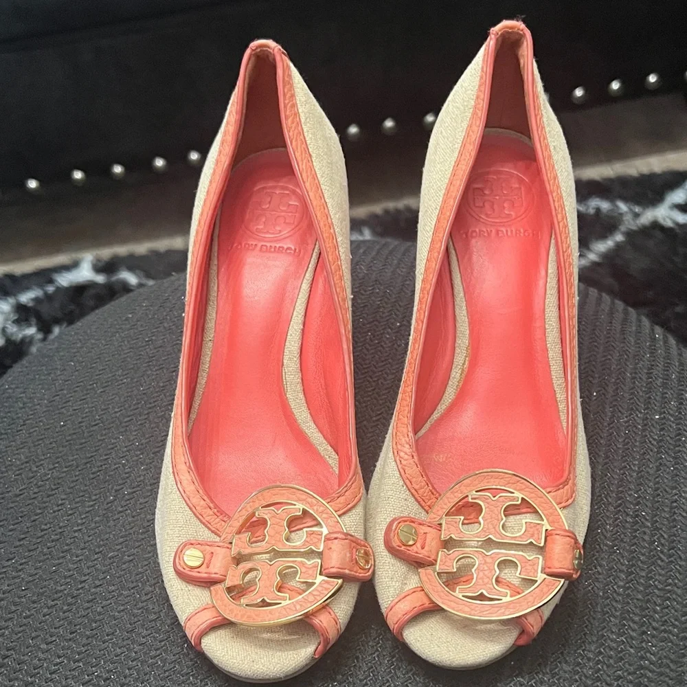 Tory Burch Beige Canvas and Coral Leather Logo Peep-Toe Heels